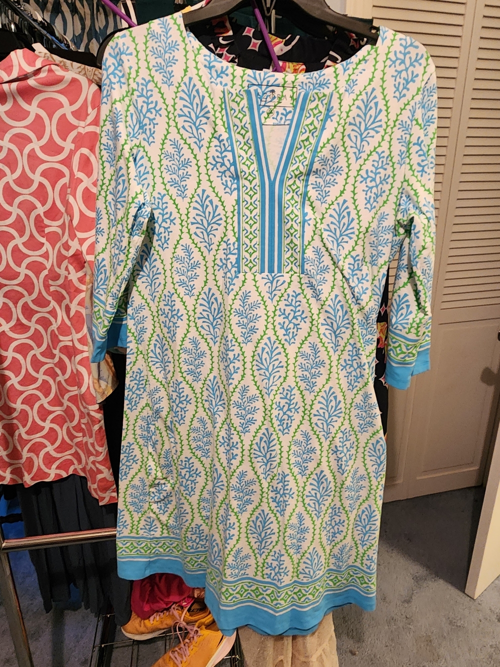 Women's Blue & Green Printed Midi Dress - Casual Tunic Style